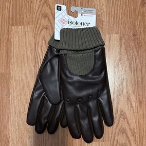 NWT Isotoner Men's Dark Brown Leather Gloves with Knit Cuff
